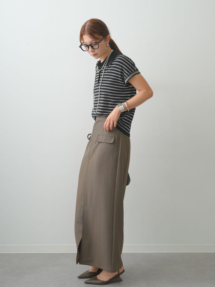 [SET]ポロニットボーダートップス+クレープデシンフラップ付きストレートスカート(2set)