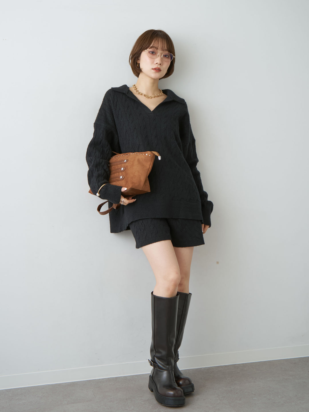 [SET]ケーブルスキッパーニットトップス＆ニットショートパンツSET UP(2SET)+選べるアクセセット(2set)