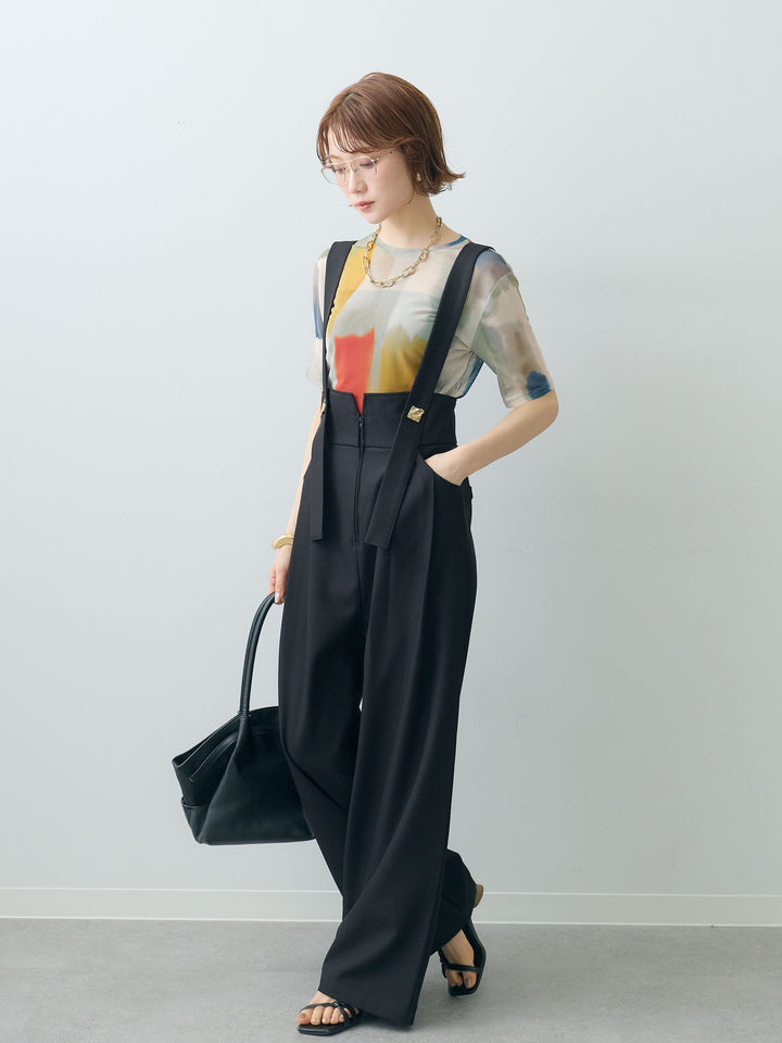 [SET]水彩アートシアーTシャツ+ゴールドボタンサスペンダーワイドパンツ(2set)