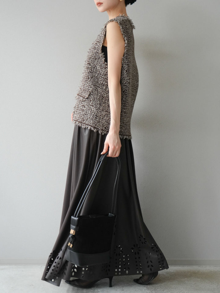 [予約]フラワーパンチングレザースカート/ブラウン