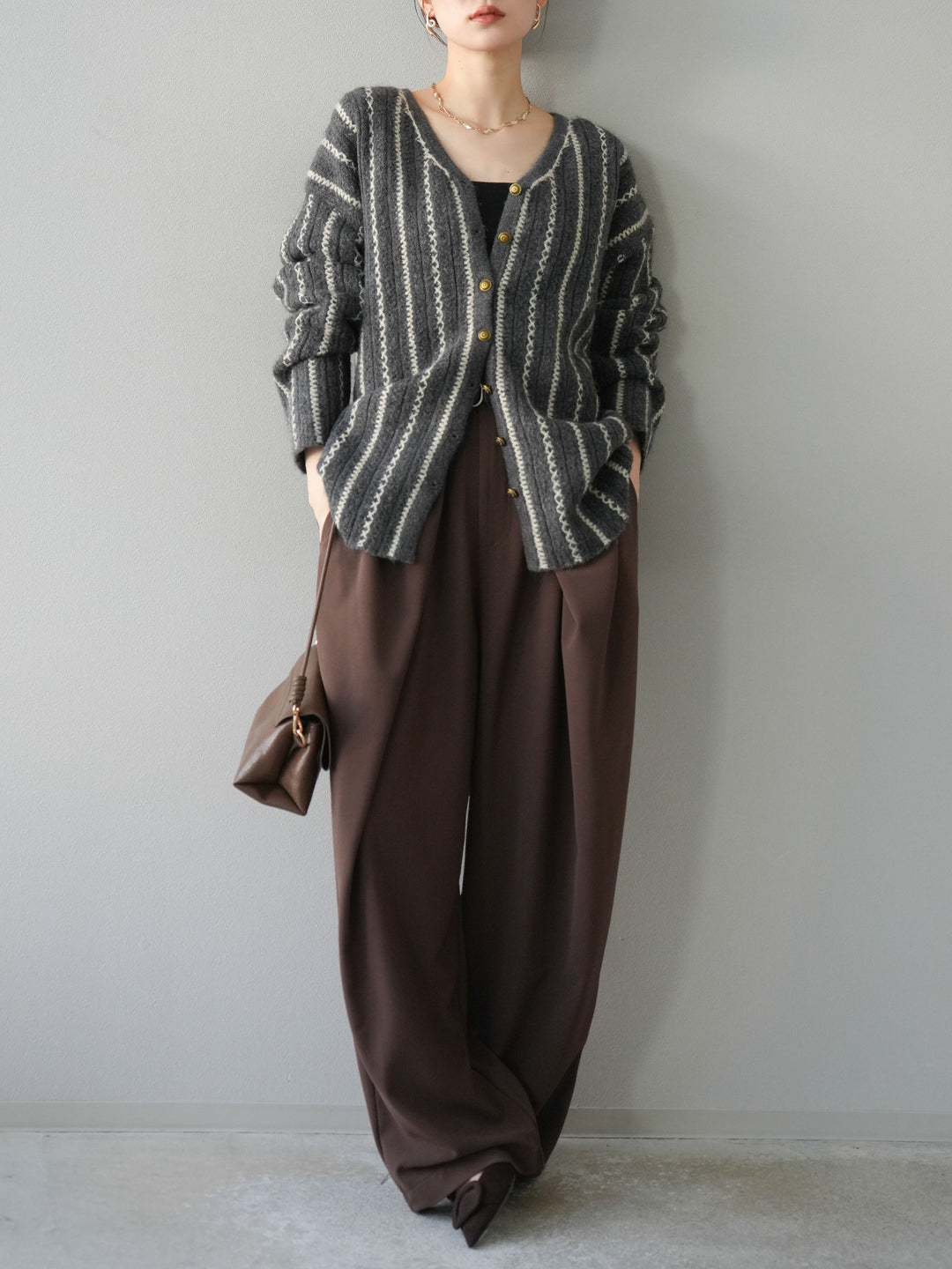 [予約]ベルト付タックワイドパンツ/ブラウン