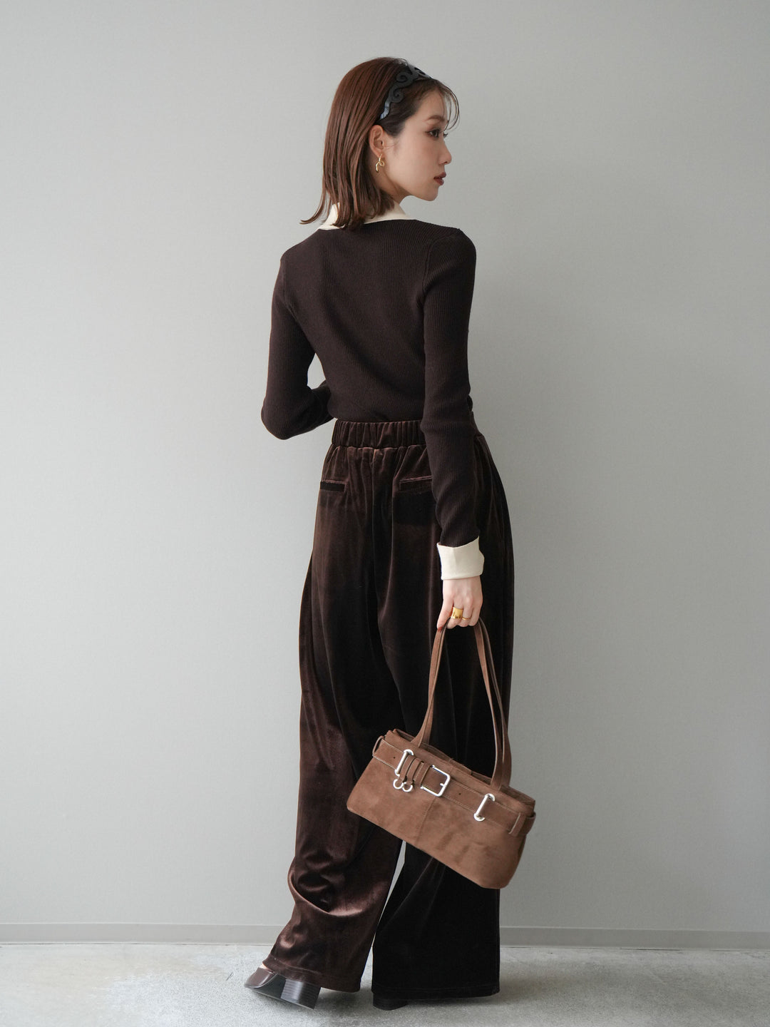 [予約]ベロアベルトスリムパンツ/brown