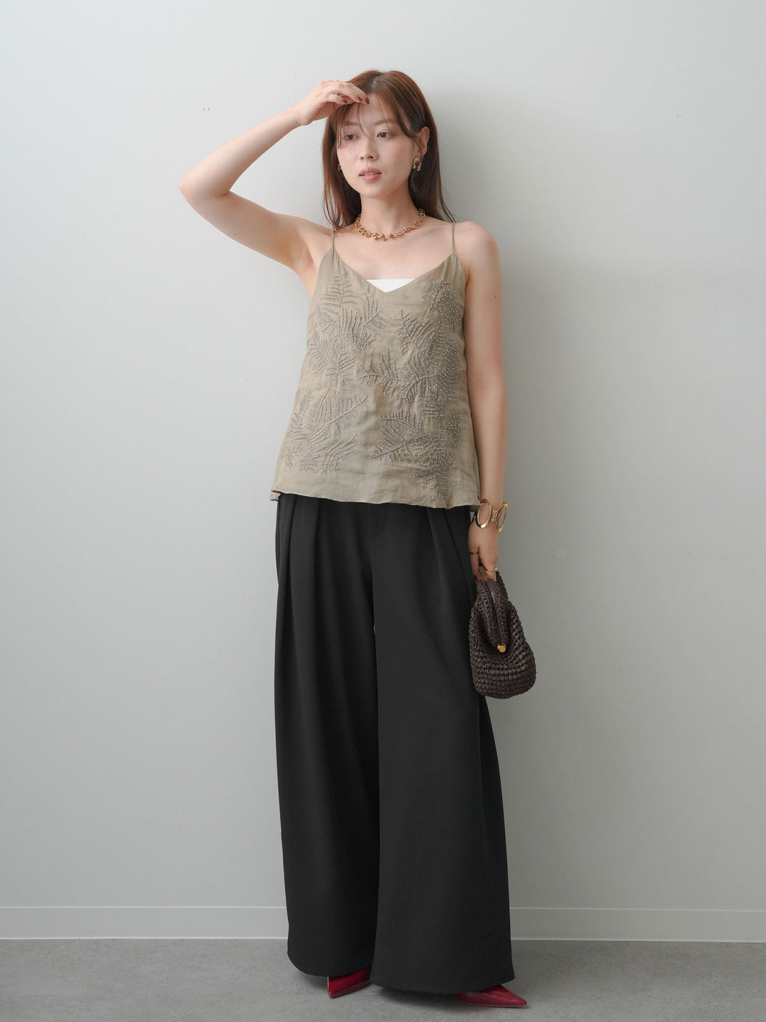 [SET]パームビースエンブロイダリーキャミソール+クレープデシンタックワイドパンツ(2set)