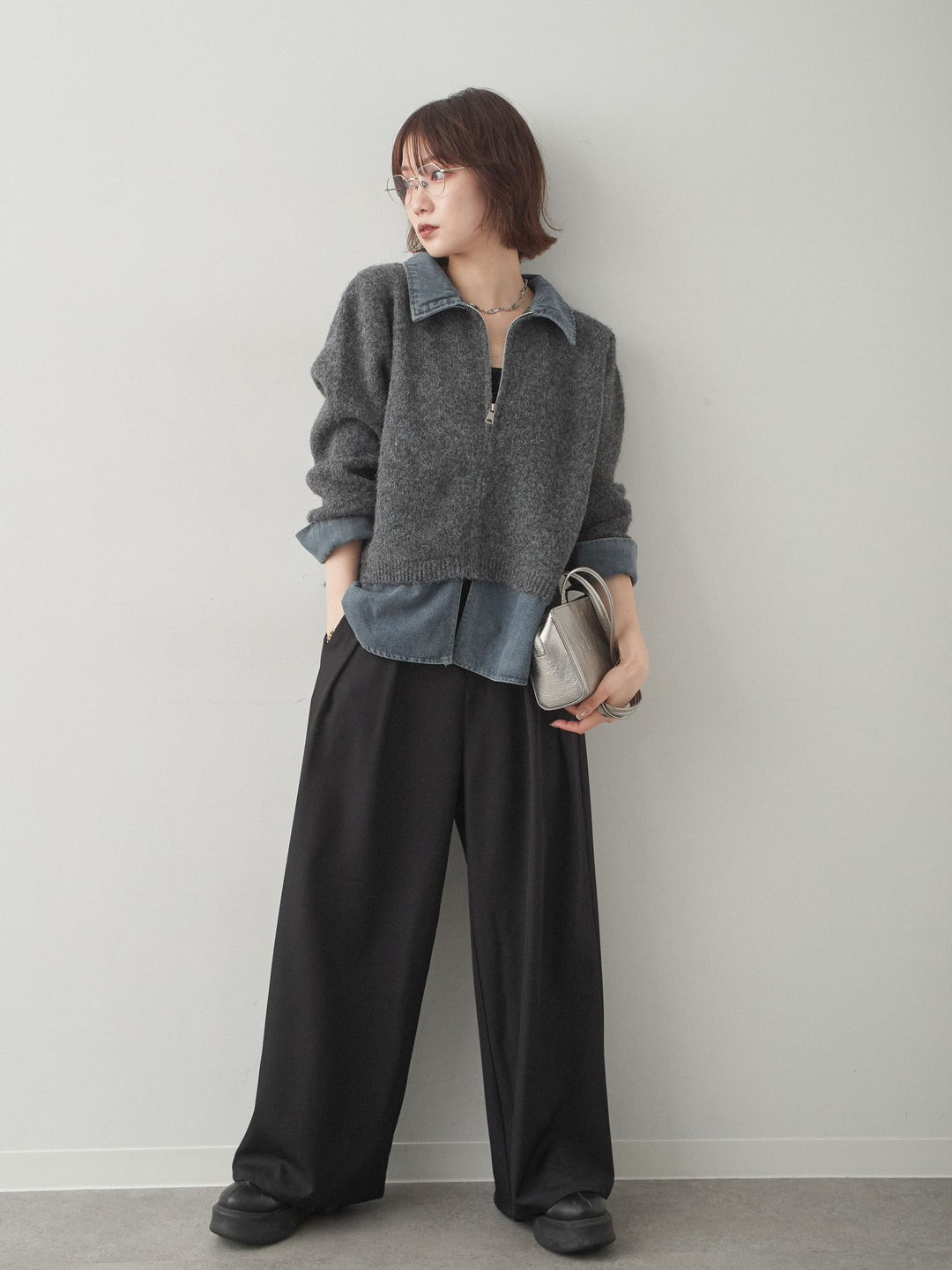 [予約]デニムレイヤードデザインジップニットカーディガン/charcoal