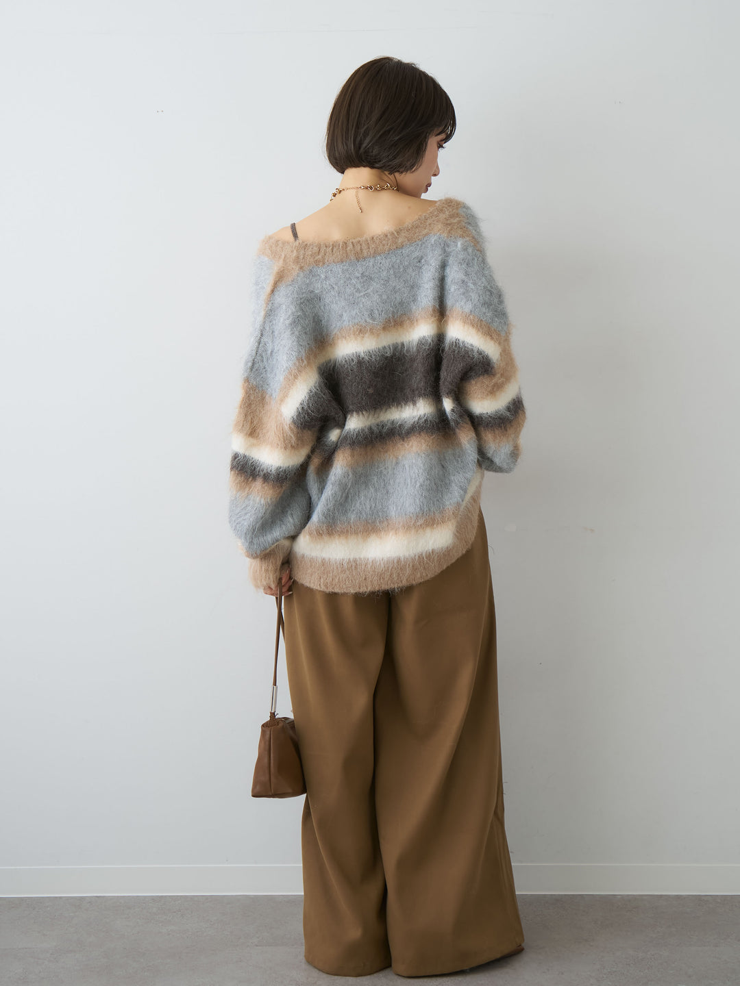 [SET]カラフルシャギーボーダーカーディガン+ダブルタックドレープストレートワイドパンツ(2set)