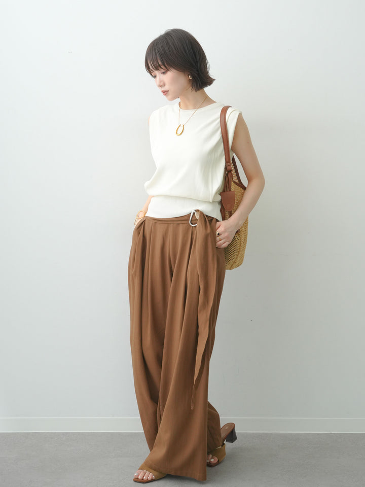 【套裝】肩部收褶無袖針織上衣 + 腰帶設計收褶垂褶闊腿褲（兩件套）