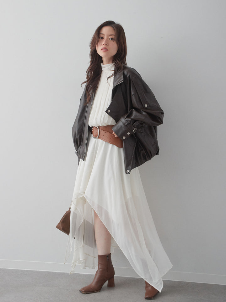 [予約]ベルト付シアーアシメノースリドレス/white