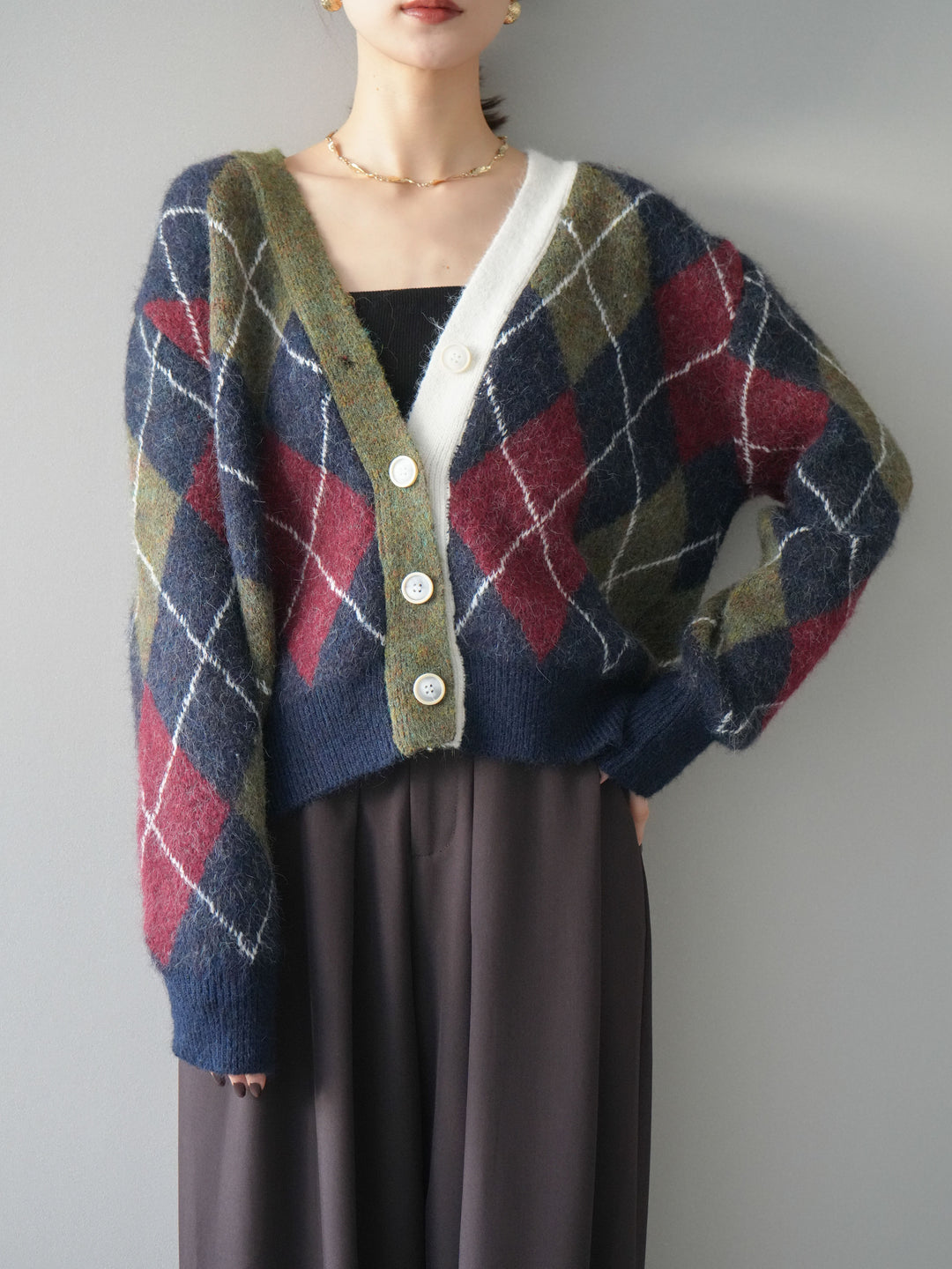 [予約]配色アーガイル柄ニットカーディガン/green