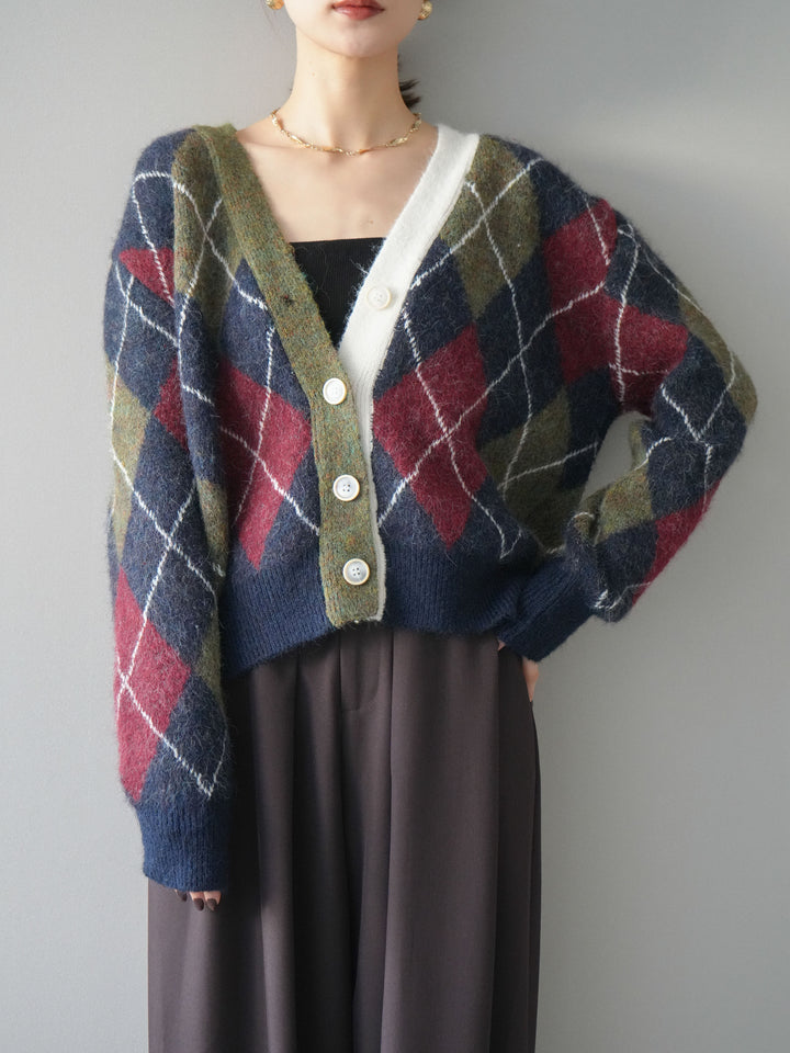 [予約]配色アーガイル柄ニットカーディガン/green