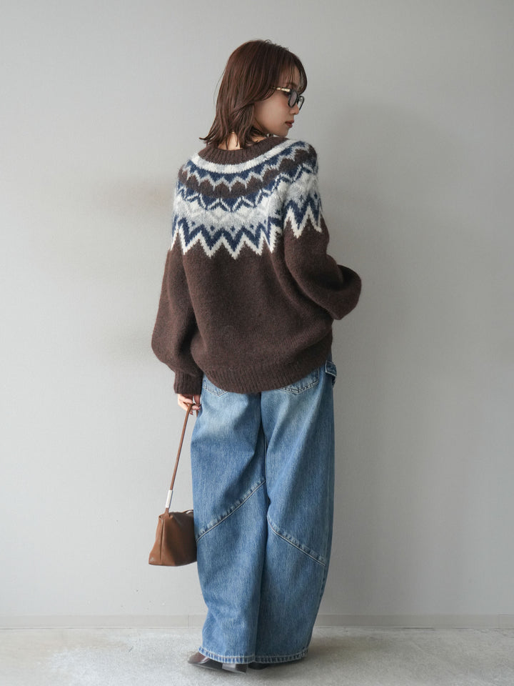 [SET]求心柄オーバーニットプルオーバー+ペインターカーブデニムパンツ(2set)