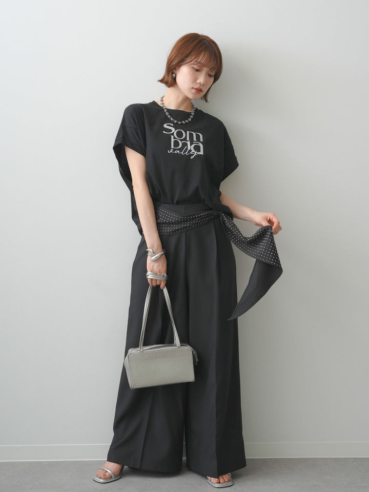 [SET]立体ロゴエンボスTEE +ビジューベルトタックワイドパンツ(2set)