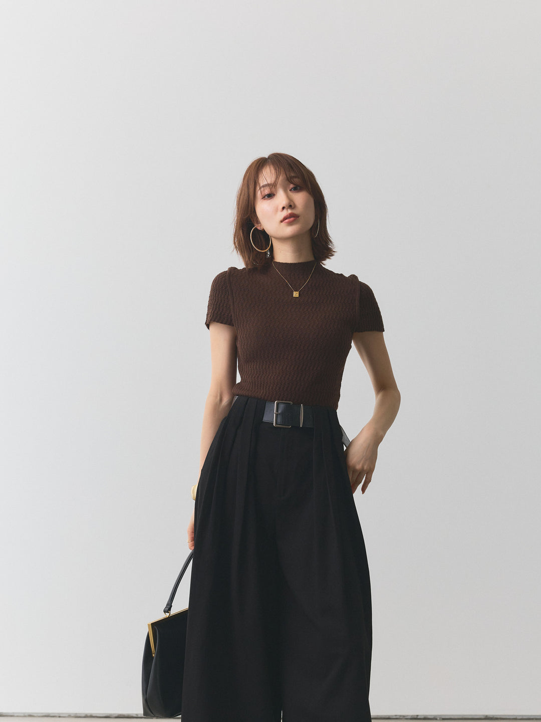 【Allure】[SET]デザインリブハーフニットトップス+ベルト付ダブルループワイドパンツ(2set)