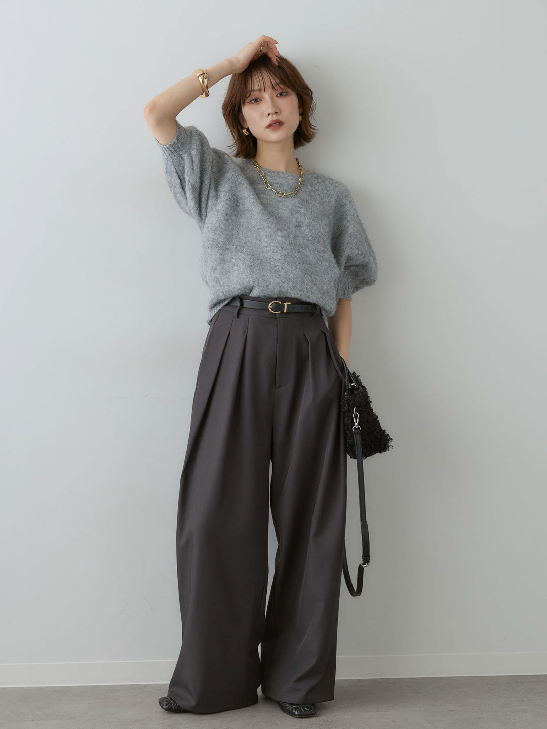 [SET]モヘアハーフプルオーバー+ツイルタックワイドパンツ(2set)