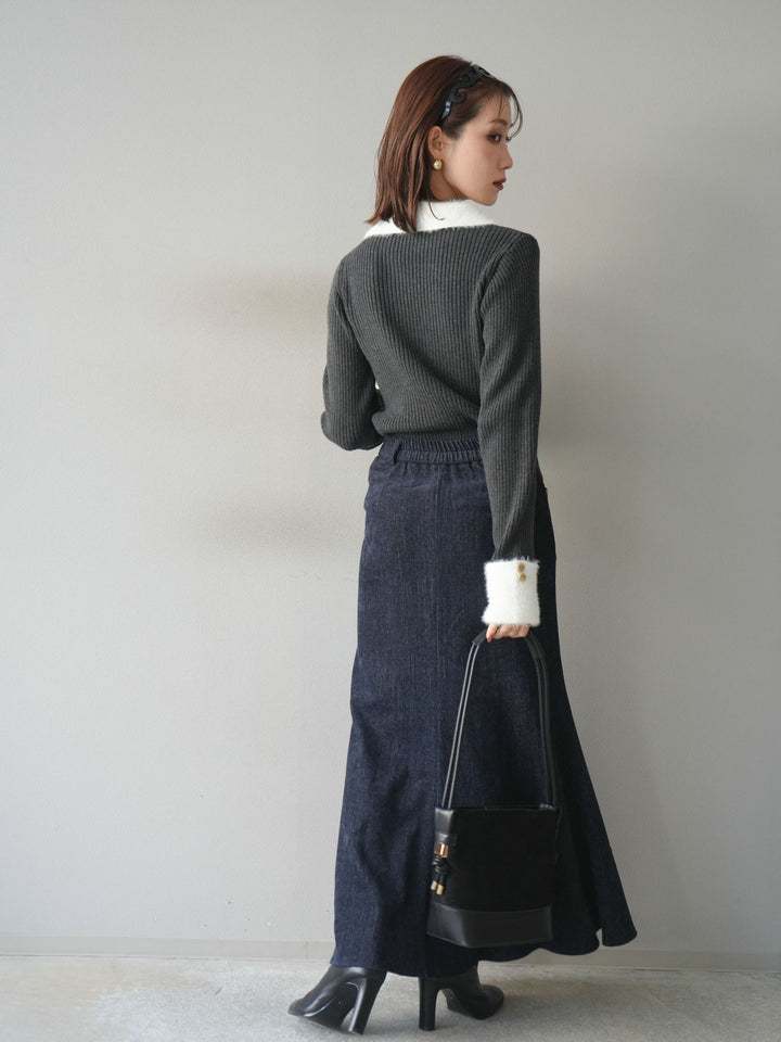 [SET]シャギー襟リブニットトップス+ベルベットマーメイドスカート(2set)