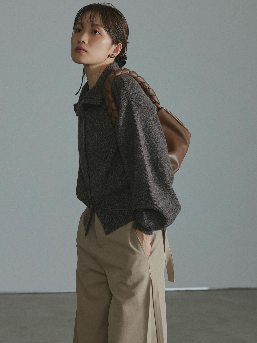 【Allure】[SET]ミックスハイネックカーディガン+サイドタックワイドパンツ(2set)