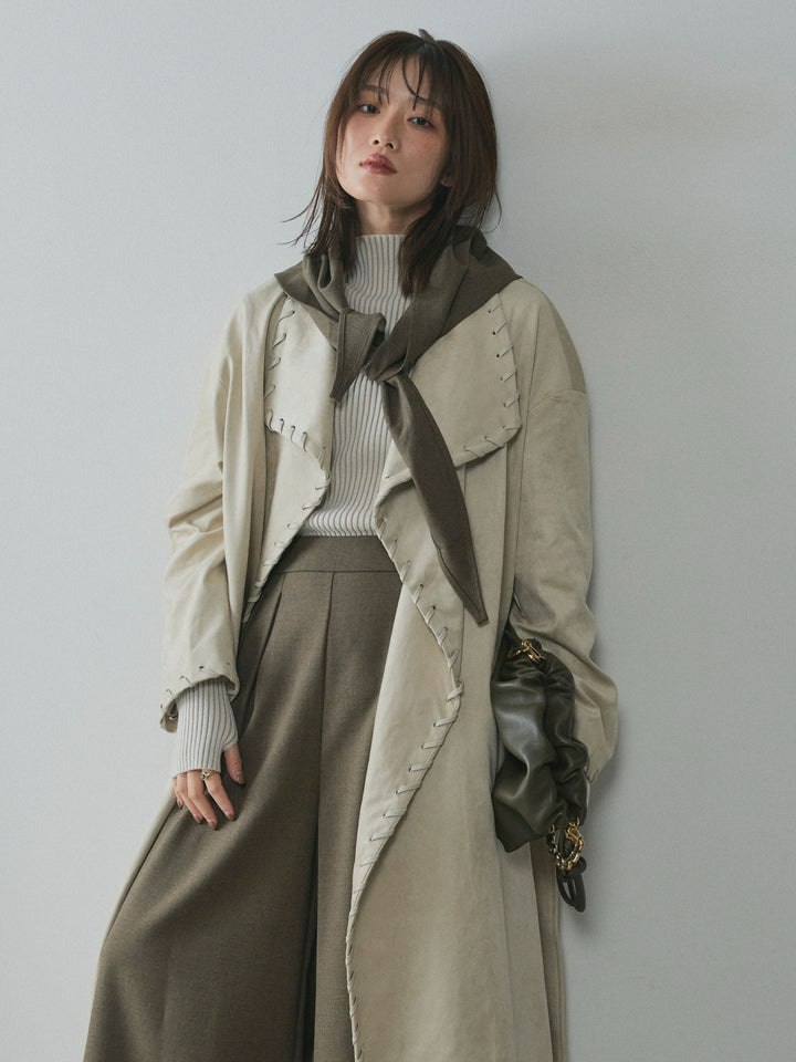 【Allure】[SET]スウェードハンドステッチロングコート+スカーフ付ワイドパンツ(2set)