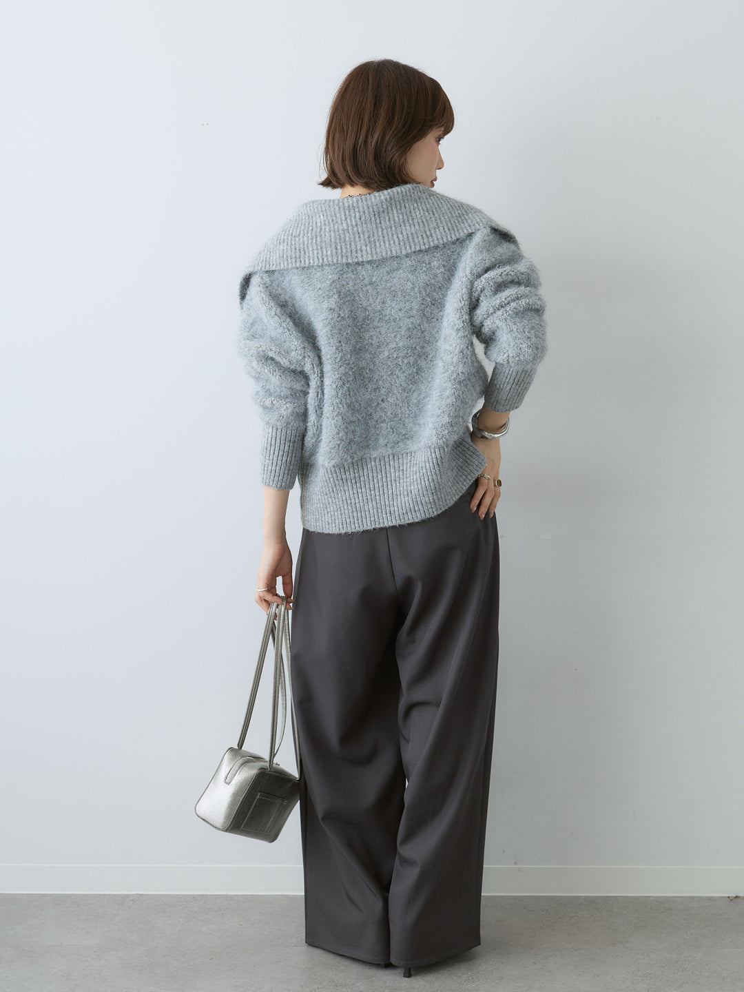 [SET]ビッグカラーシャギーニットブルゾン+ツイルタックワイドパンツ(2set)