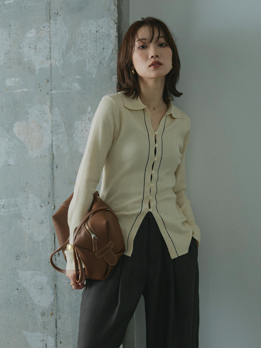 【Allure】[SET]リブ配色ラインポロニットカーディガン+杢チェックタックパンツ(2set)