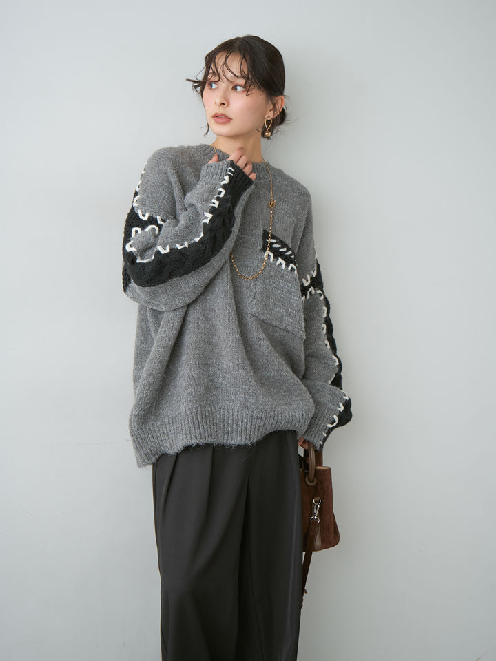 [SET]ハンドステッチデザインニットトップス+選べるアクセセット(2set)