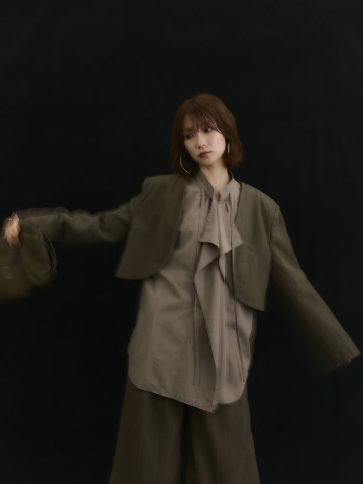 【Allure】[SET]ヘリンボーンショートジャケット＆ワイドパンツSET UP+ピーチスキンデザインネックオーバーシャツ(2set)