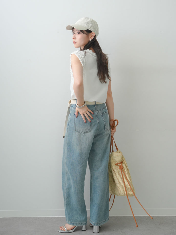 [SET]ホイップフリルフレンチTEE+センターラインワイドストレートデニム(2set)