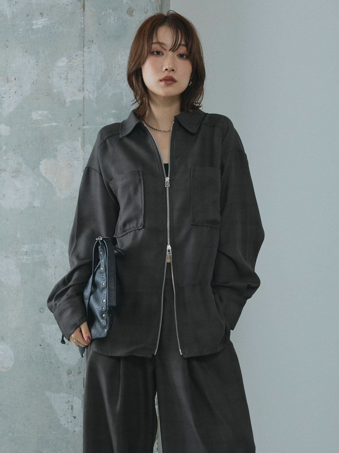 【Allure】[SET]杢チェックZIPシャツジャケット+杢チェックZIPシャツジャケット(2set)