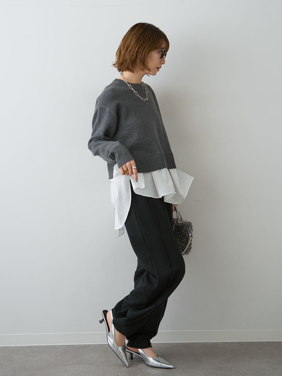 [SET]アシンメトリーシャツレイヤードニットプルオーバー+2WAYデザインスウェットパンツ(2set)