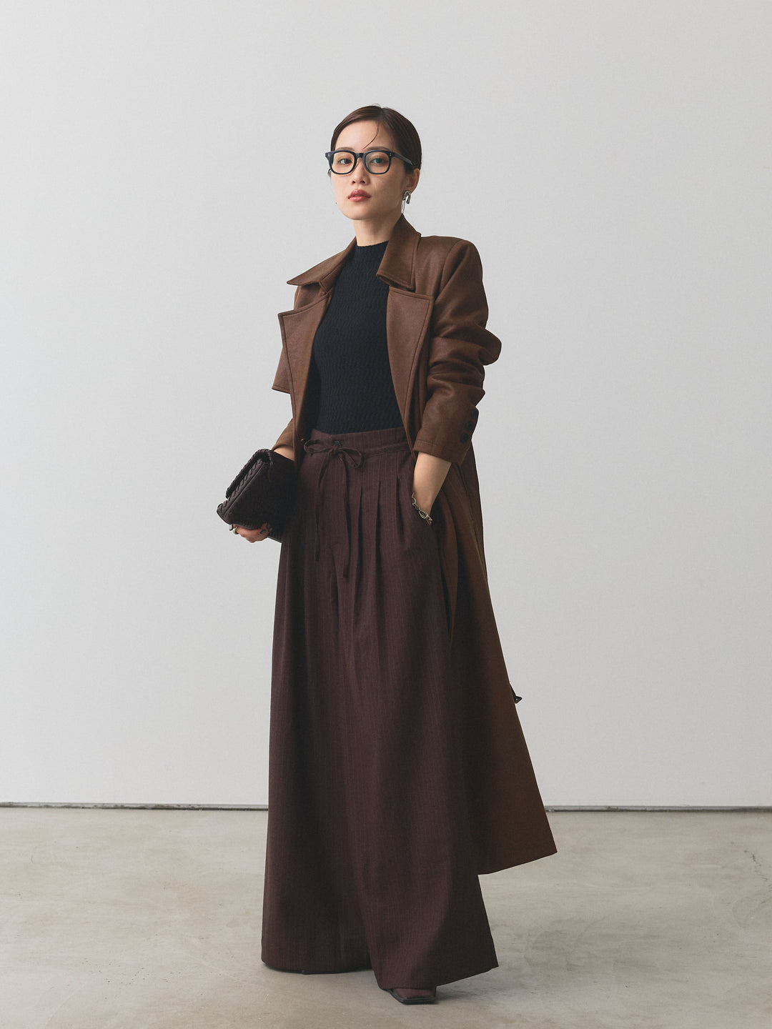 [予約]ウールライクストライプワイドパンツ/ブラウン