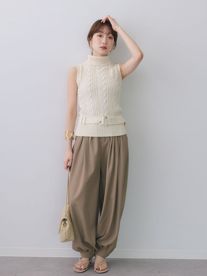 [SET]ベルト付ケーブルノースリニットトップス+ヘムボタンタックコクーンパンツ(2set)
