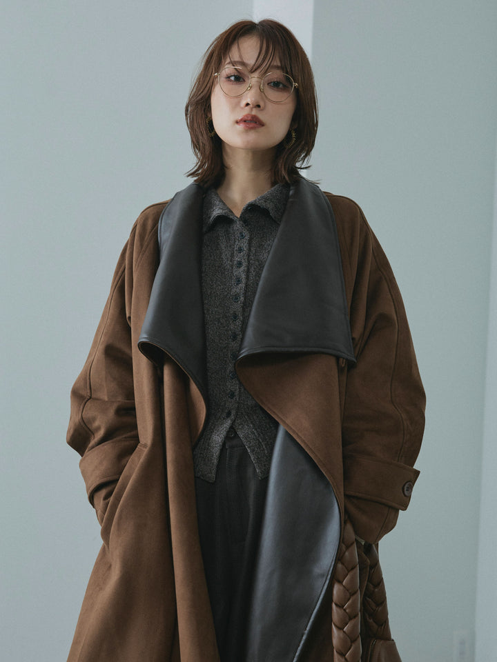 【Allure】[SET]レザーカラースウェードロングコート+ミックスハイネックカーディガン+杢チェックタックパンツ(3set)