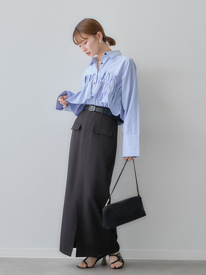 [SET]ストライプフリルシャツ+クレープデシンフラップ付きストレートスカート(2set)
