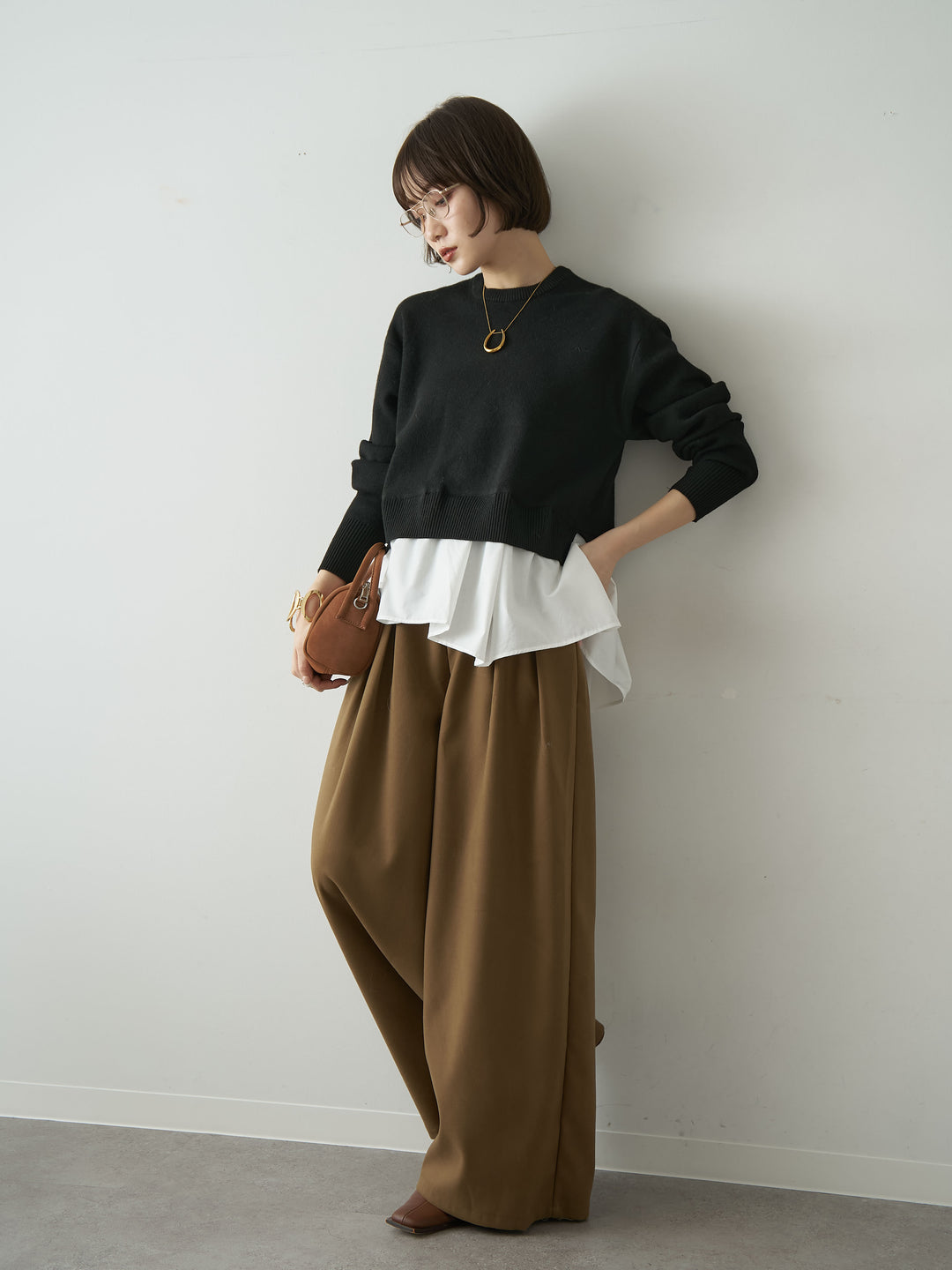 [SET]アシンメトリーシャツレイヤードニットプルオーバー+ダブルタックドレープストレートワイドパンツ(2set)