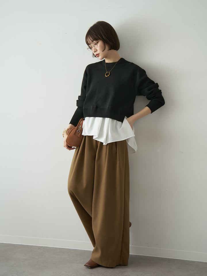 [SET]アシンメトリーシャツレイヤードニットプルオーバー+ダブルタックドレープストレートワイドパンツ(2set)
