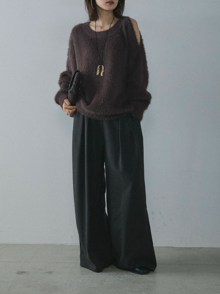 【Allure】[SET]ショルダースリットシャギーニットプルオーバー+スカーフ付ワイドパンツ(2set)