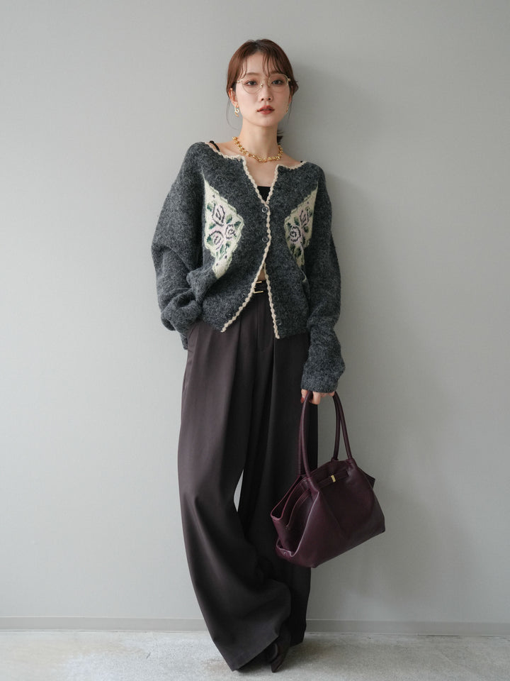 [予約]アンティークフラワージャガードニットカーディガン/charcoal