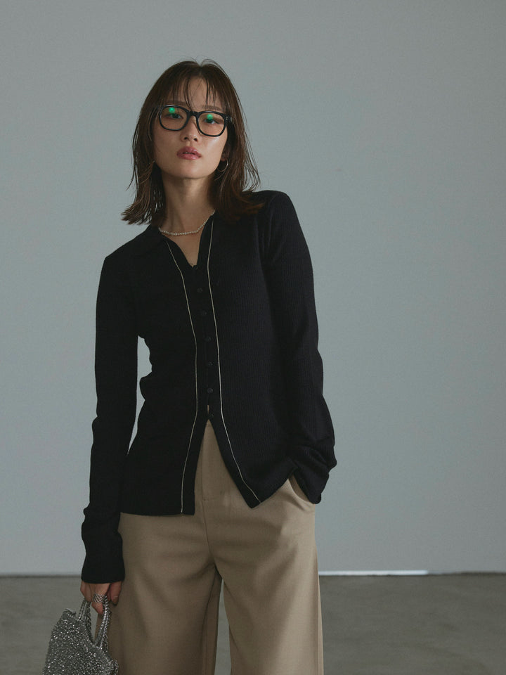 【Allure】[SET]リブ配色ラインポロニットカーディガン+サイドタックワイドパンツ(2set)