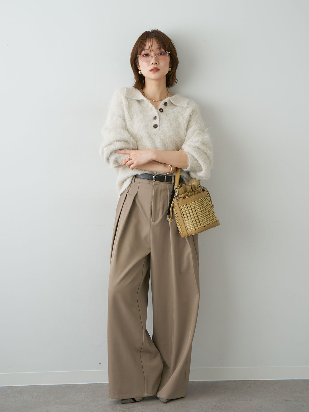 [SET]ヘンリーシャギーニットトップス+ツイルタックワイドパンツ(2set)