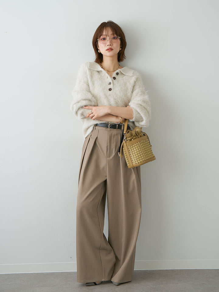 [SET]ヘンリーシャギーニットトップス+ツイルタックワイドパンツ(2set)