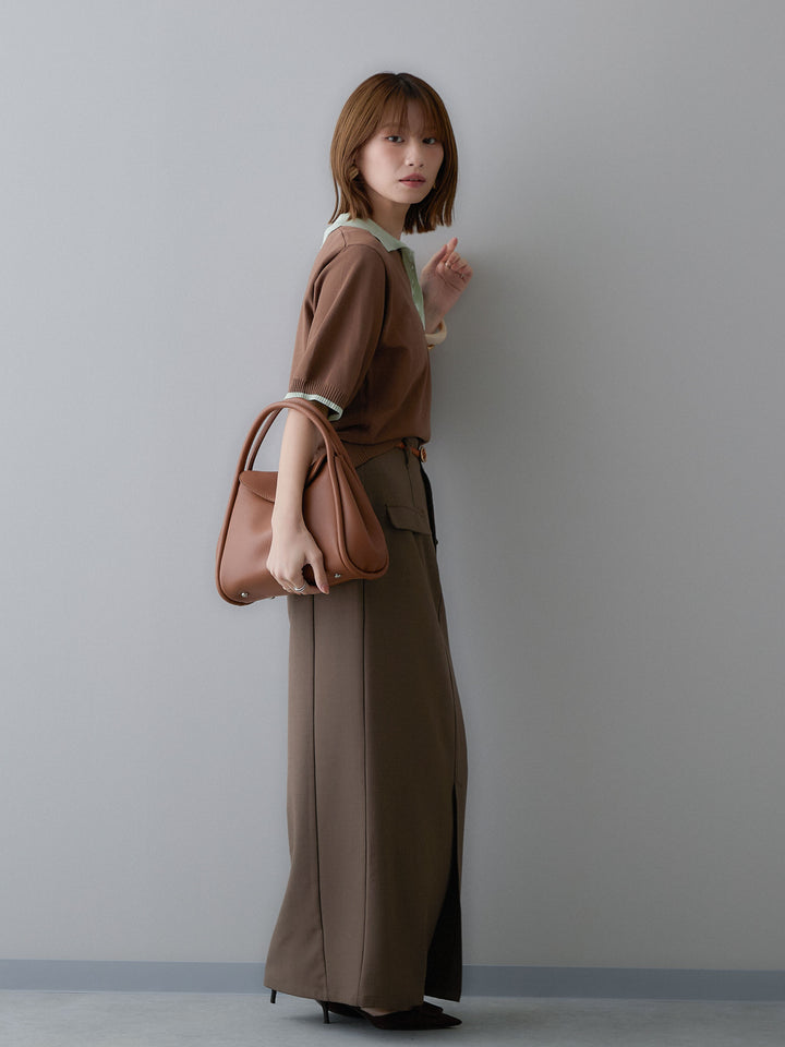 [SET]クールタッチバイカラーハーフニットポロ+クレープデシンフラップ付きストレートスカート(2set)