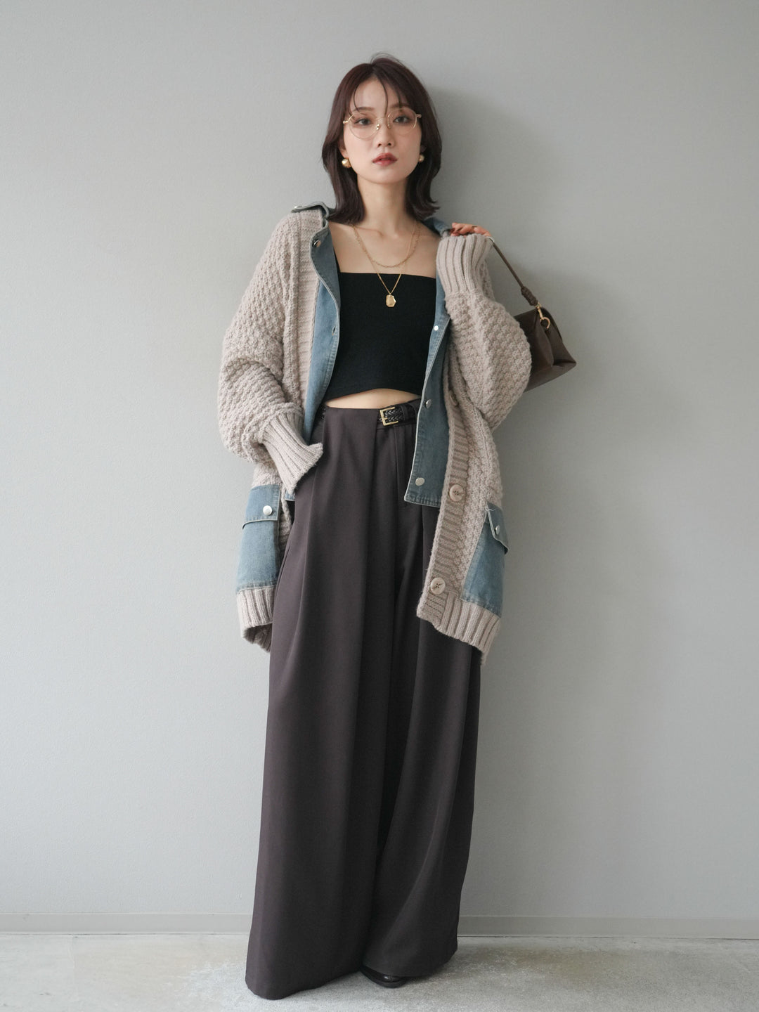 [SET]デニム襟レイヤードニットジャケット+ベルトループデザインワイドパンツ(2set)