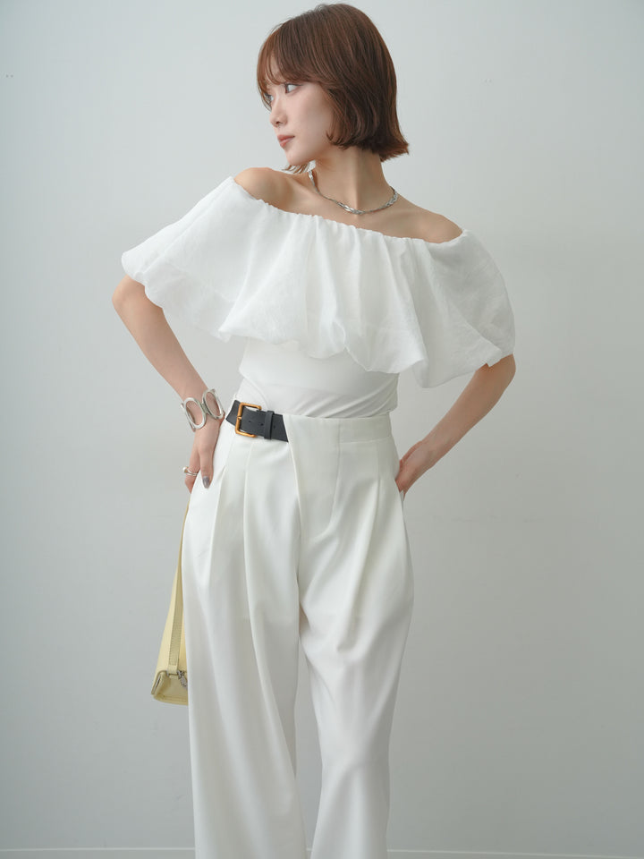 【套裝】歐根紗拼接露肩上衣+不對稱繫帶寬褲（兩件組）