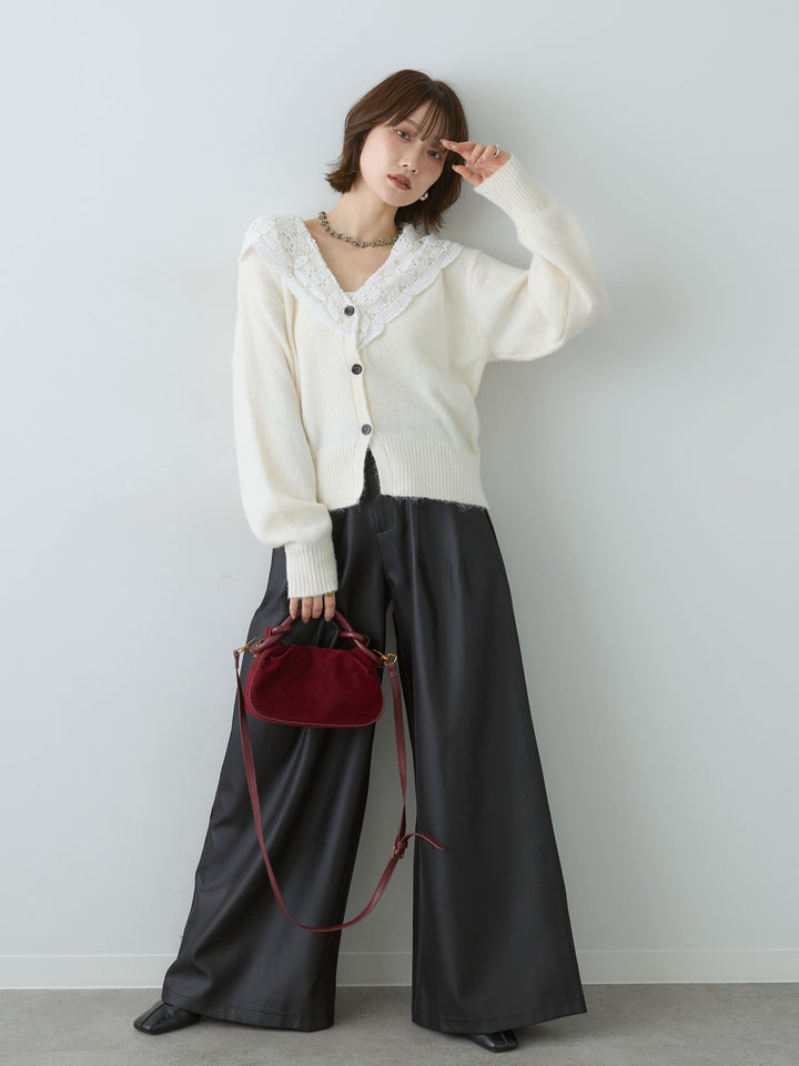 [SET]モヘアレースショールカラーカーディガン+サテンタックワイドパンツ(2set)