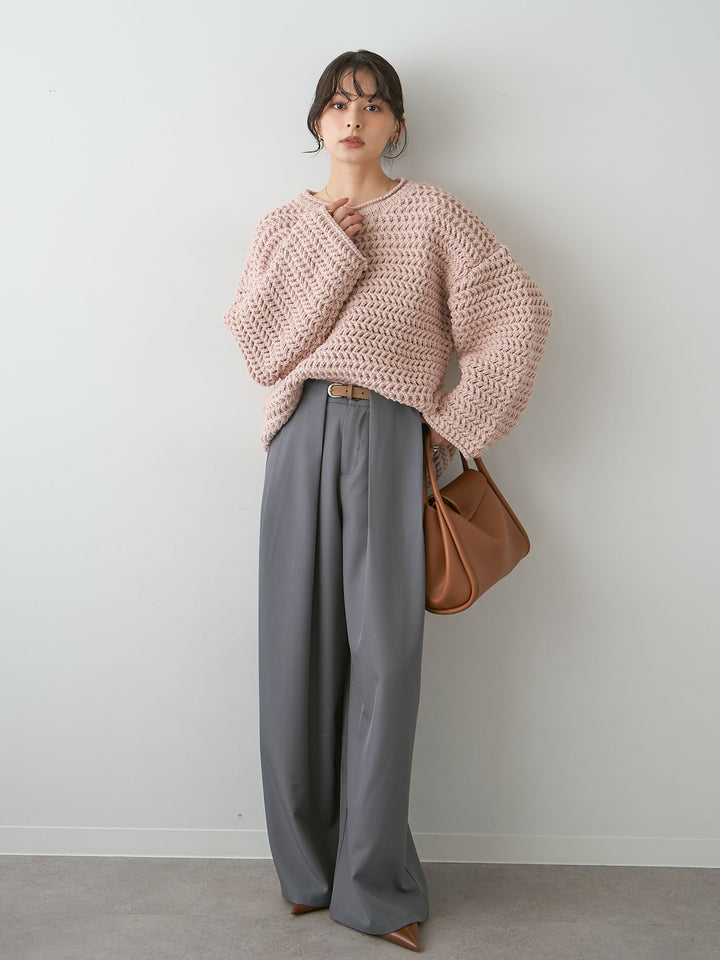 [SET]立体ヘリンボーン編みニットプルオーバー+ベルトループデザインワイドパンツ(2set)