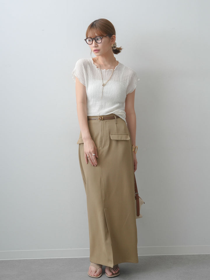 [SET]シャーリングシアーバックオープンフレンチトップス+クレープデシンフラップ付きストレートスカート(2set)