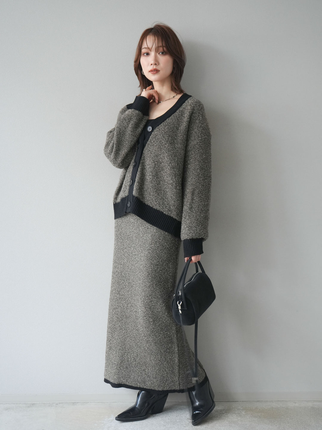 [SET]ブークレバイカラーニットカーディガン+ブークレバイカラータイトニットスカート(2set)