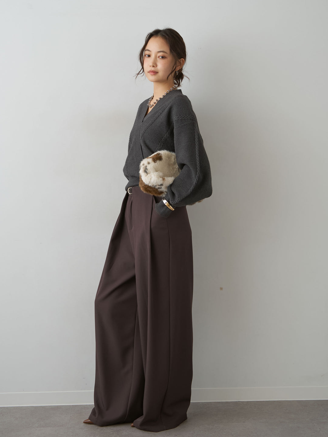 [SET]カシュクールミックスケーブルニットトップス+ベルトループデザインワイドパンツ(2set)