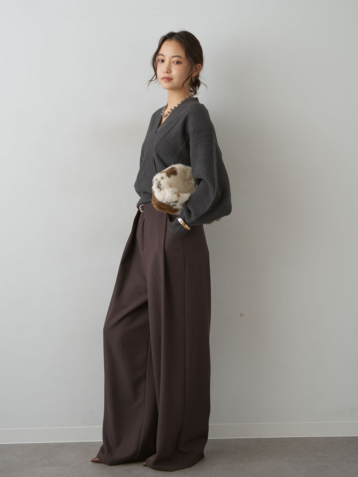 [SET]カシュクールミックスケーブルニットトップス+ベルトループデザインワイドパンツ(2set)