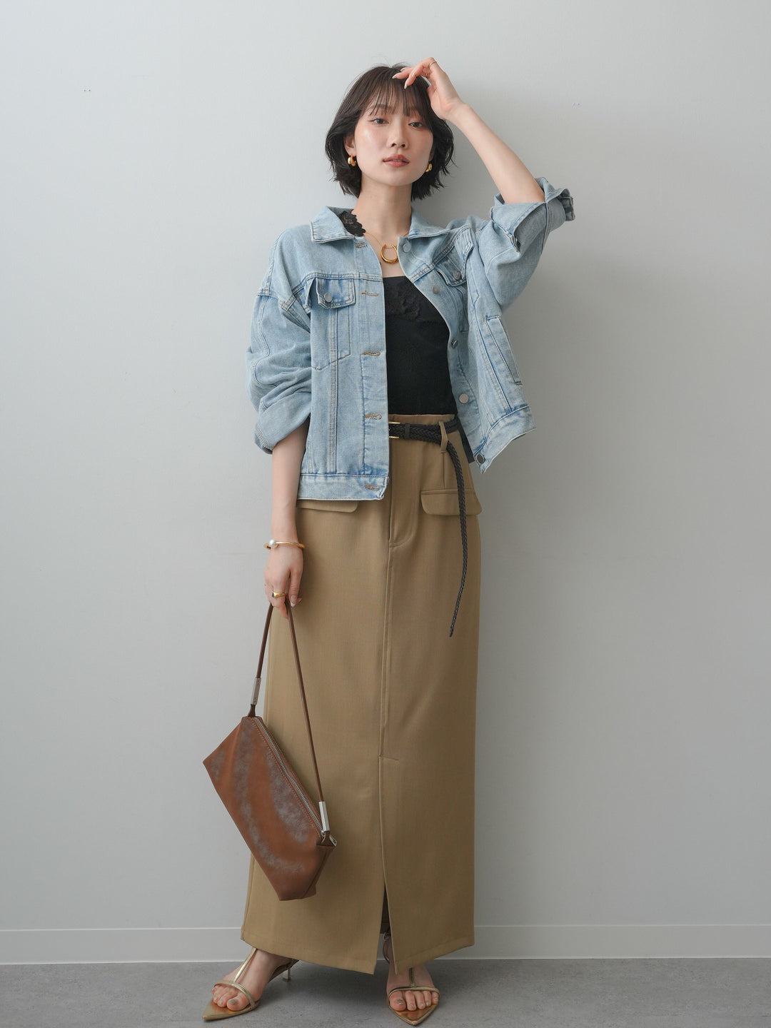 [SET]フラップデザインデニムジャケット+クレープデシンフラップ付きストレートスカート(2set)
