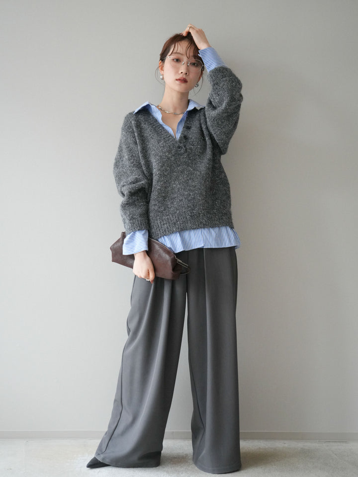 [SET]ストライプシャツドッキングMIXヤーンニットプルオーバー+ベルトループデザインワイドパンツ(2set)