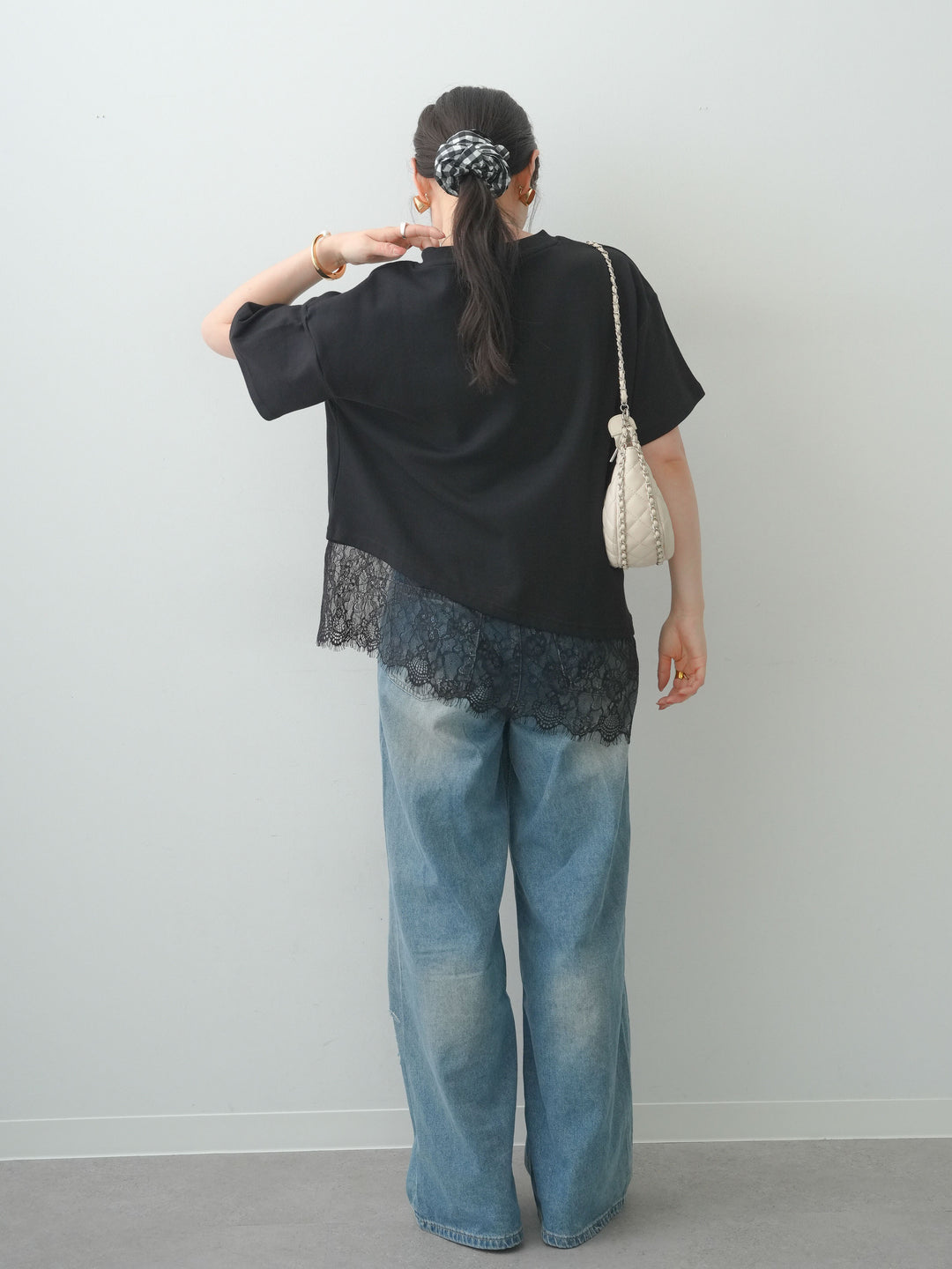 [SET]アシメレースヘムワイドTEE+グラフィックスクラッチワイドデニム(2set)